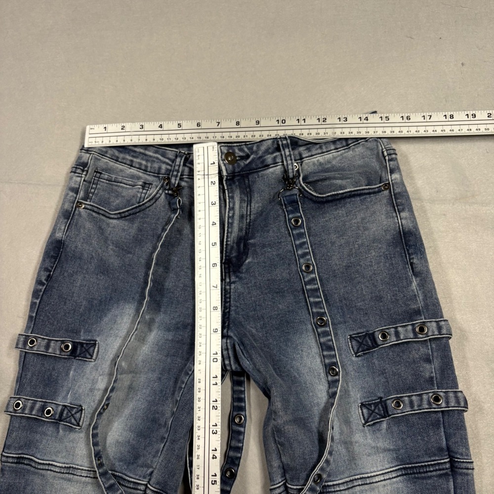 Hot Topic Women Blue Acid Wash Grommet Strap Flare Jeans Y2K Mall Goth Size 13 - Picture 5 of 6
